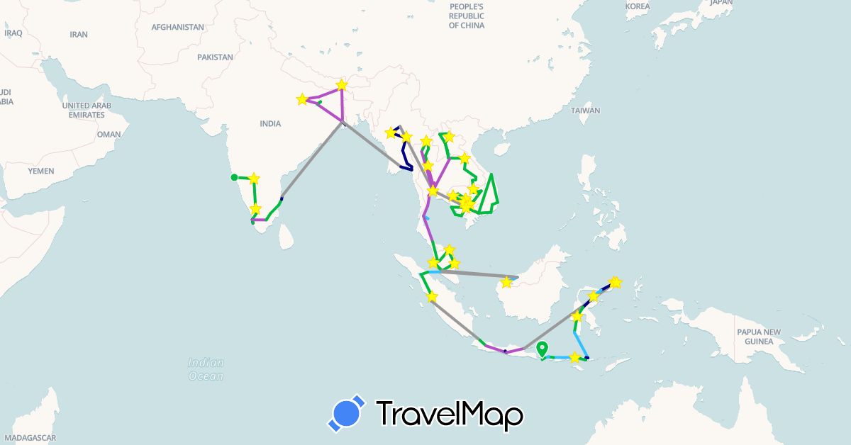 TravelMap itinerary: driving, bus, plane, train, boat in Indonesia, India, Cambodia, Laos, Myanmar (Burma), Malaysia, Thailand, Vietnam (Asia)